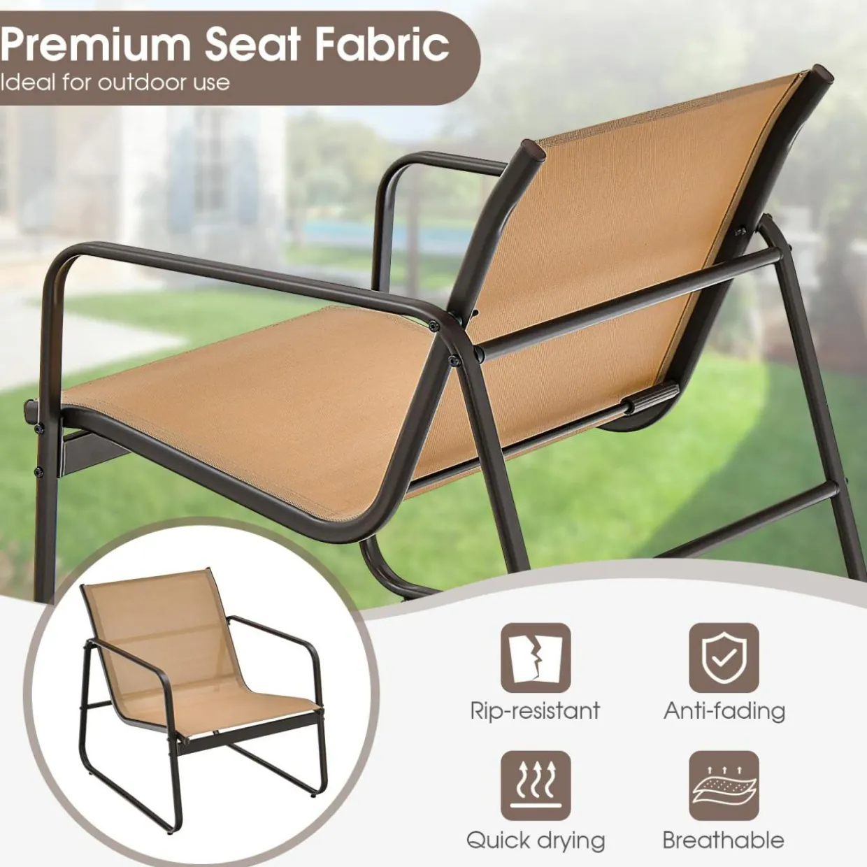 Tangkula 3 Pieces Patio Conversation Set, Outdoor Metal Chair & Table Set, Breathable Fabric & Tempered Glass Tabletop