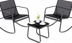 Tangkula 3 Pieces Patio Conversation Set, Outdoor Metal Chair & Table Set, Breathable Fabric & Tempered Glass Tabletop