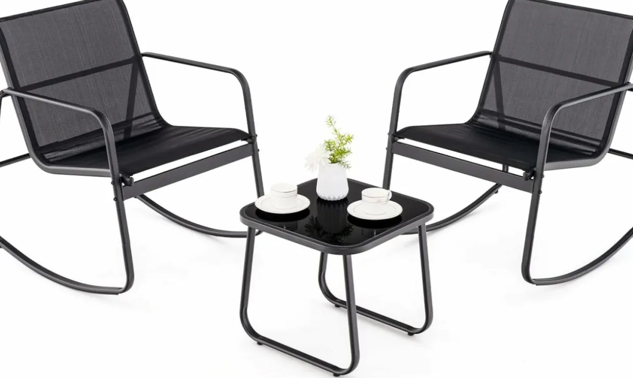 Tangkula 3 Pieces Patio Conversation Set, Outdoor Metal Chair & Table Set, Breathable Fabric & Tempered Glass Tabletop