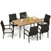 Tangkula 7 Pieces Patio Dining Set with Acacia Wood Dining Table, Rattan Armchairs, Soft Cushions