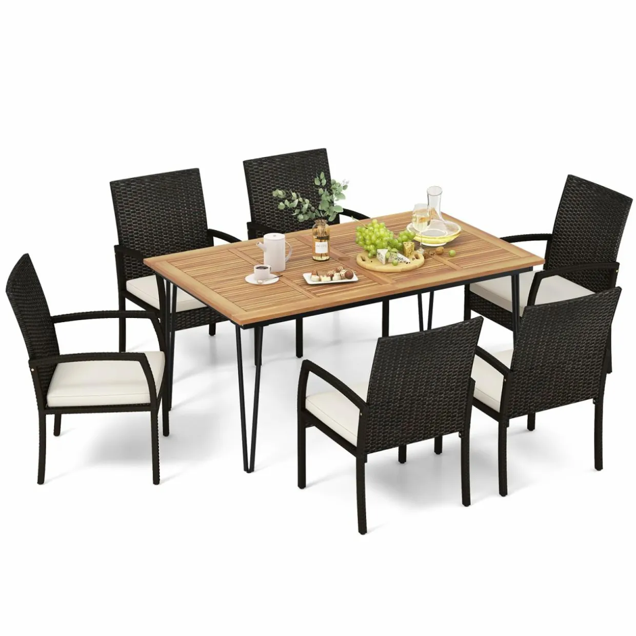 Tangkula 7 Pieces Patio Dining Set with Acacia Wood Dining Table, Rattan Armchairs, Soft Cushions