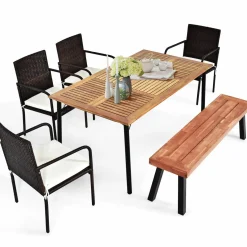 Tangkula 6 Pieces Patio Dining Set, Outdoor Acacia Wood and Wicker Furniture Set w/2.16" Hole