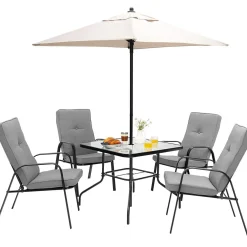 Tangkula 6 Pieces Patio Dining Set w/Umbrella, 35 Inches Square Steel Tempered Glass Table (Grey)