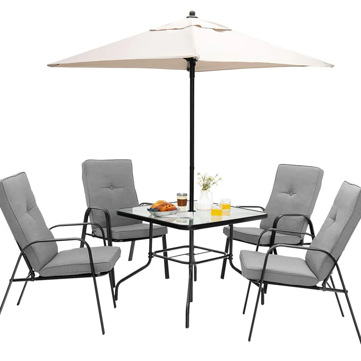 Tangkula 6 Pieces Patio Dining Set w/Umbrella, 35 Inches Square Steel Tempered Glass Table (Grey)