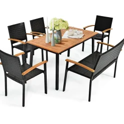 Tangkula 6 Pieces Patio Dining Table and Chairs, Includes All Weather Heavy Duty Acacia Wood Dining Table with Umbrella Hole