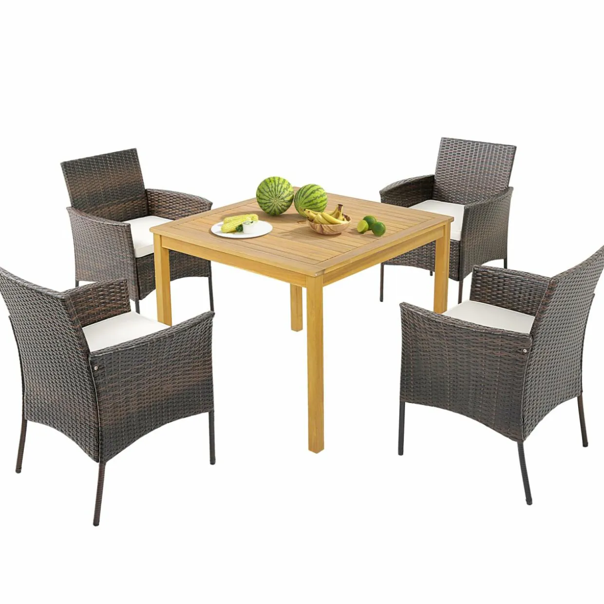 Tangkula 5 Pieces Patio Dining Set, 4 Cushioned Wicker Armchairs and Square Acacia Wood Dining Table