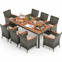 Tangkula 9 Pieces Patio Dining Set, , Outdoor Acacia Wood & Rattan Furniture Set with Cushions, Table & 8 Chairs