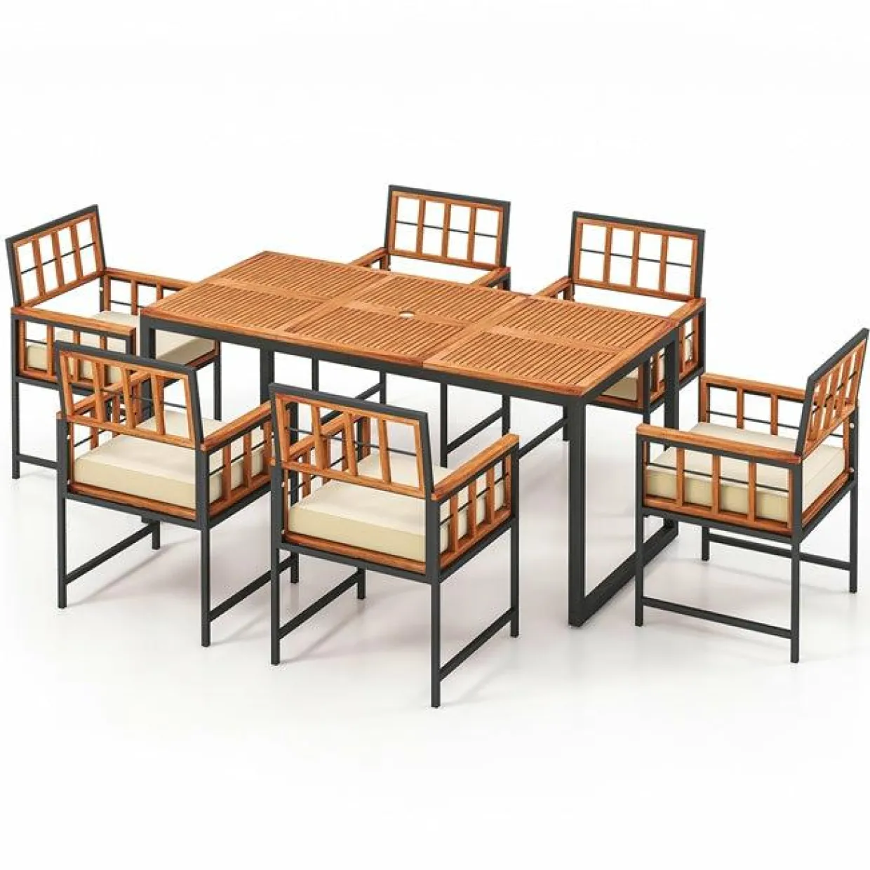 Tangkula 7 Pieces Patio Dining Set, Outdoor Acacia Wood Table and Chairs with Soft Cushions and Umbrella Hole