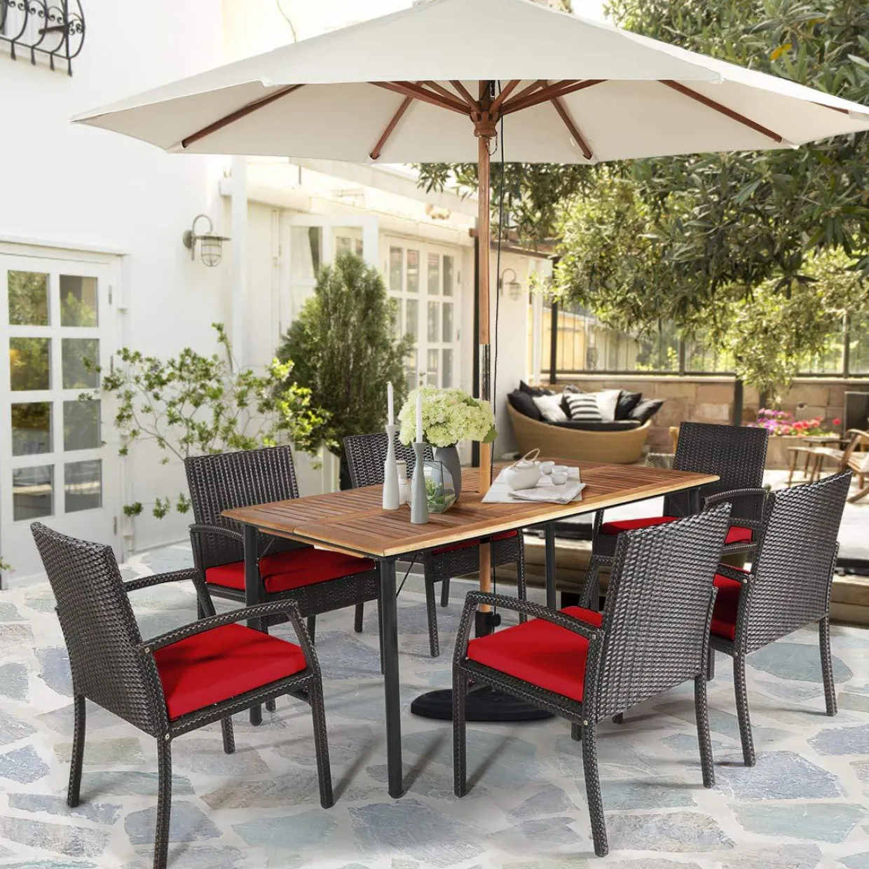 Tangkula 7 Pieces Patio Dining Set, Acacia Wood Wicker Dining Furniture Set with Sturdy Steel Frame & Umbrella Hole