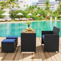 Tangkula 4 Pieces Patio Dining Set, Space Saving PE Rattan Loveseat with Acacia Wood Top Dining Table
