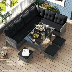 Tangkula 7 Pieces Patio Dining Furniture Set, Outdoor PE Rattan Sectional Sofa Set with Soft Cushions