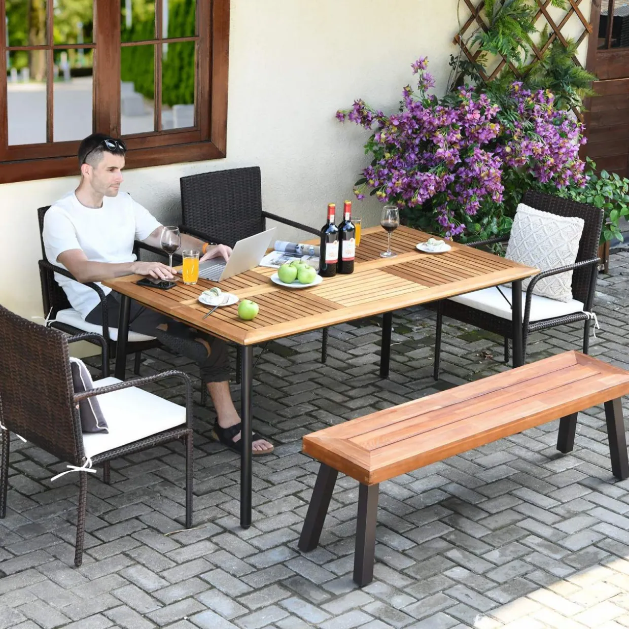 Tangkula 6 Pieces Patio Dining Set, Outdoor Acacia Wood and Wicker Furniture Set w/2.16" Hole