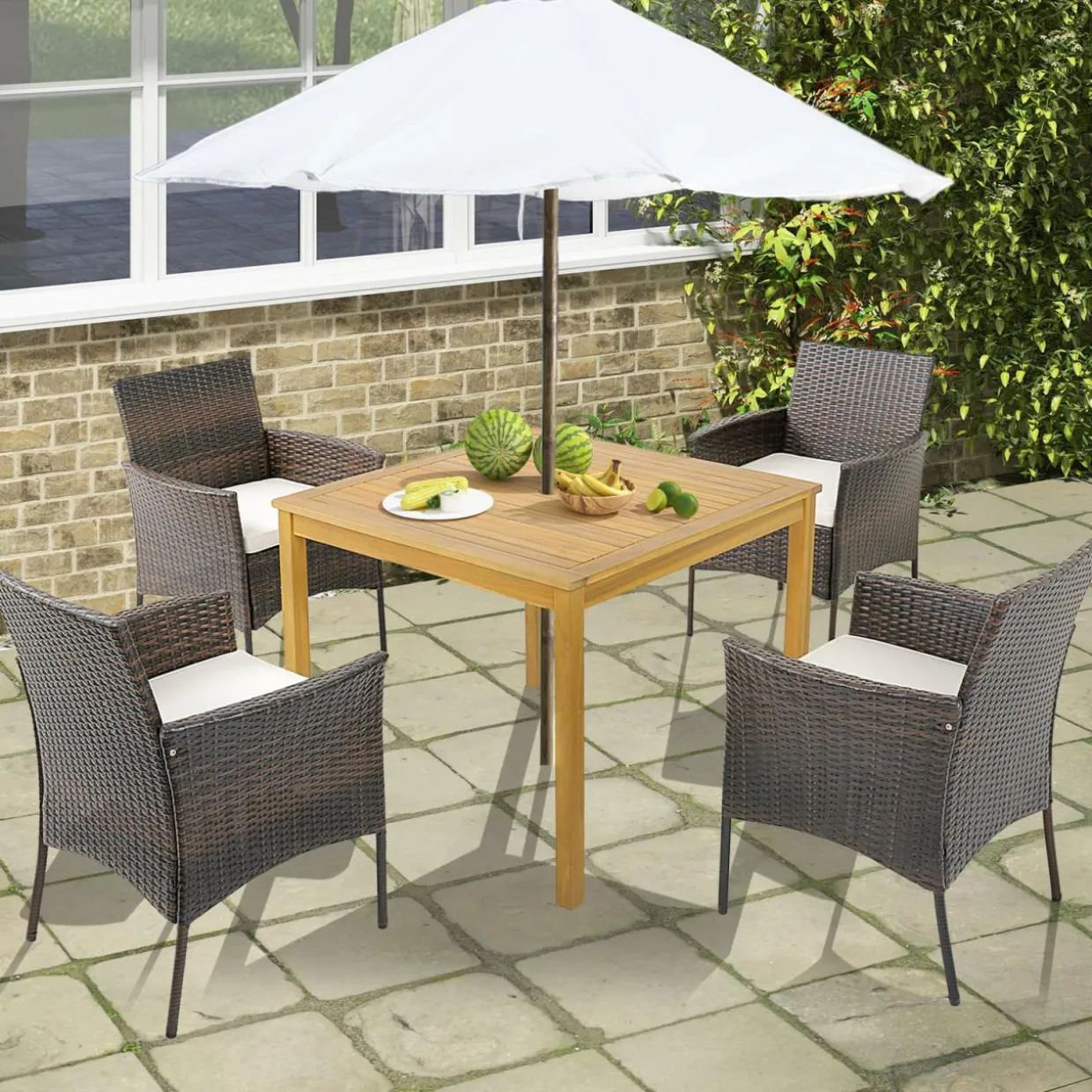 Tangkula 5 Pieces Patio Dining Set, 4 Cushioned Wicker Armchairs and Square Acacia Wood Dining Table