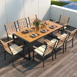 Tangkula 9 Pieces Patio Dining Set, Outdoor Acacia Wood Table and Chairs with Soft Cushions and 1.9” Umbrella Hole