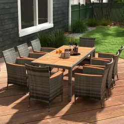 Tangkula 9 Pieces Patio Dining Set, , Outdoor Acacia Wood & Rattan Furniture Set with Cushions, Table & 8 Chairs