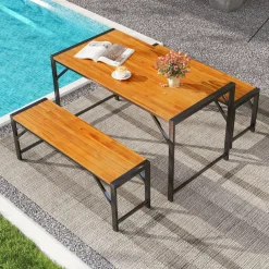 Tangkula 3 Pieces Patio Dining Set for 6 People, Outdoor Picnic Table & 2 Benches, 53” Acacia Wood Dining Table