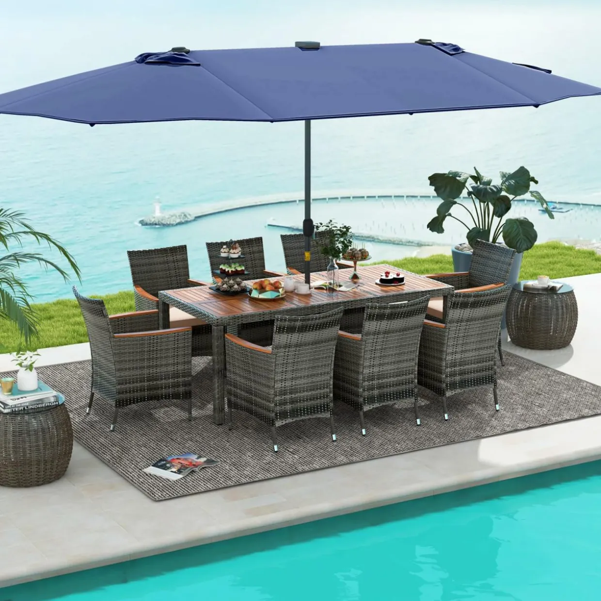 Tangkula 11 Pieces Patio Dining Set with 15 ft Double-Sided Patio LED Umbrella (Base Included)