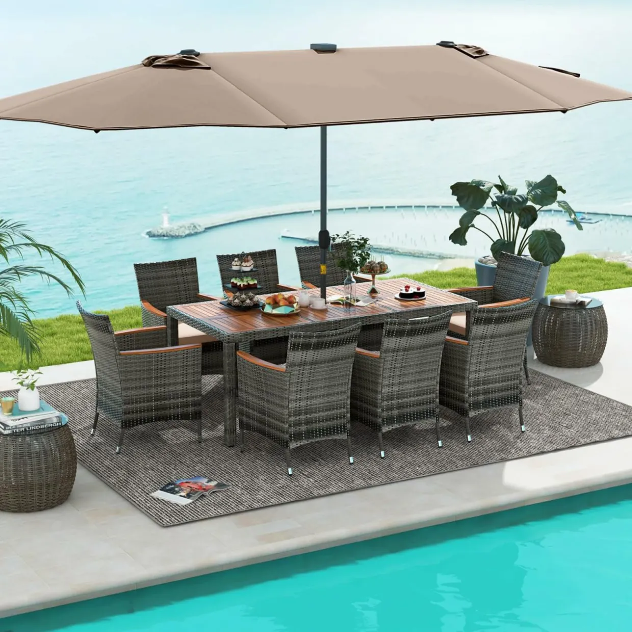 Tangkula 11 Pieces Patio Dining Set with 15 ft Double-Sided Patio LED Umbrella (Base Included)