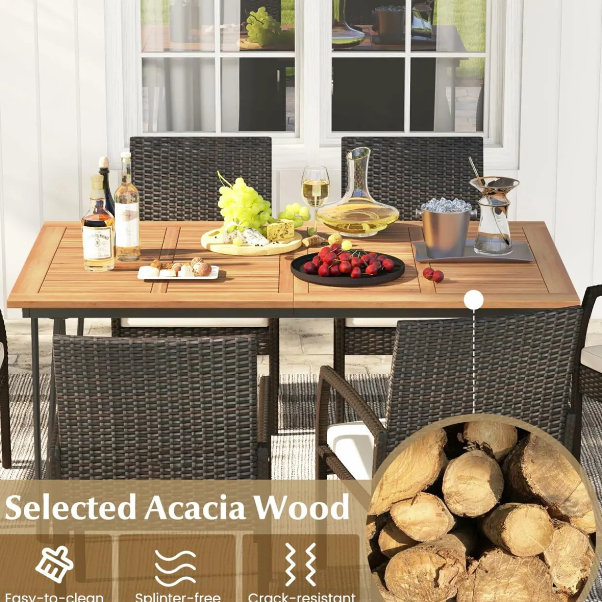 Tangkula 7 Pieces Patio Dining Set with Acacia Wood Dining Table, Rattan Armchairs, Soft Cushions