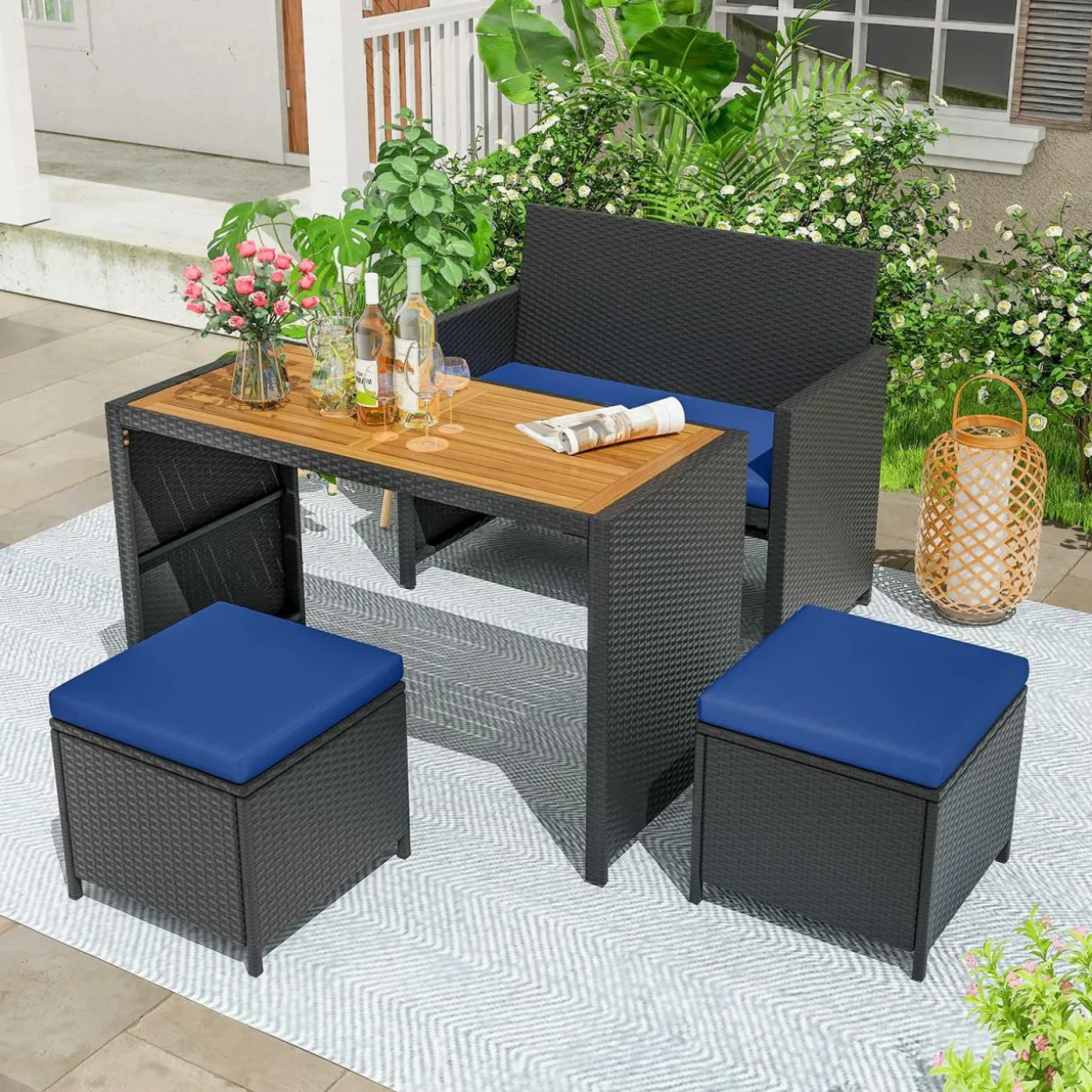 Tangkula 4 Pieces Patio Dining Set, Space Saving PE Rattan Loveseat with Acacia Wood Top Dining Table