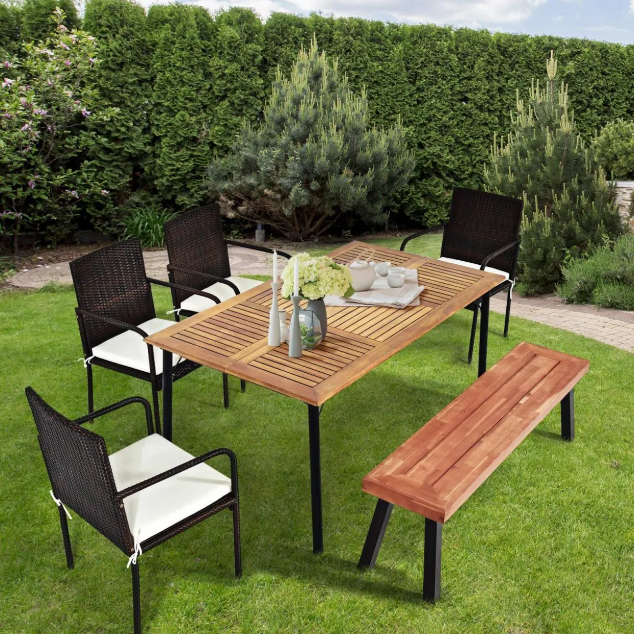 Tangkula 6 Pieces Patio Dining Set, Outdoor Acacia Wood and Wicker Furniture Set w/2.16" Hole