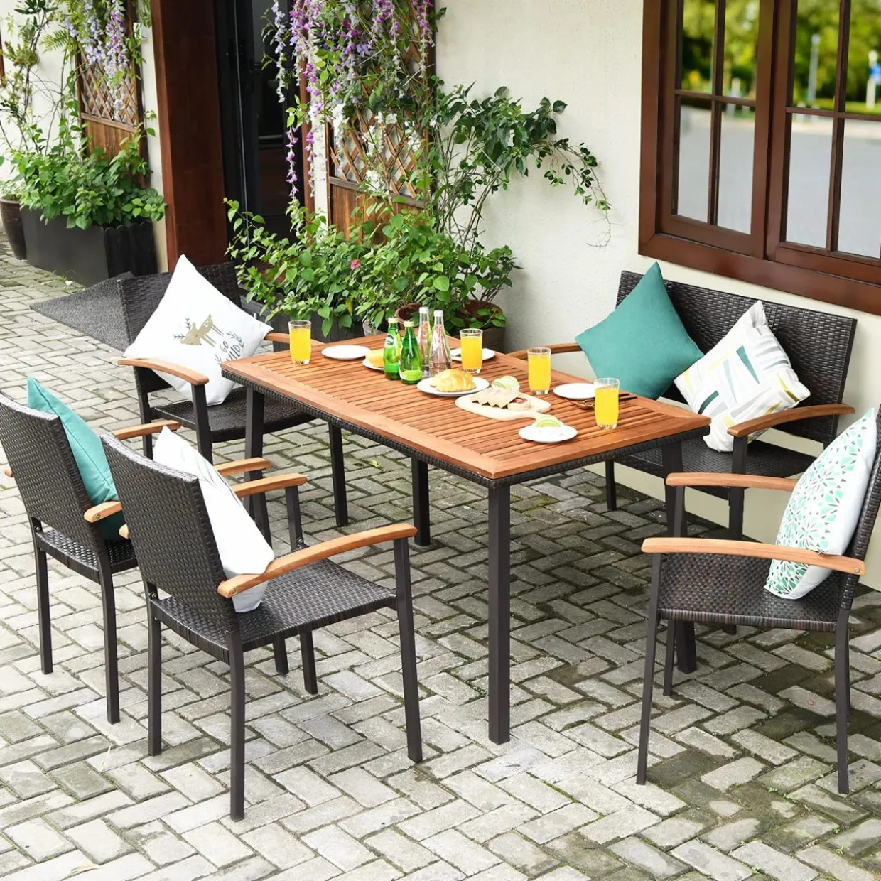 Tangkula 6 Pieces Patio Dining Table and Chairs, Includes All Weather Heavy Duty Acacia Wood Dining Table with Umbrella Hole