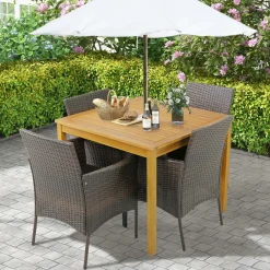 Tangkula 5 Pieces Patio Dining Set, 4 Cushioned Wicker Armchairs and Square Acacia Wood Dining Table