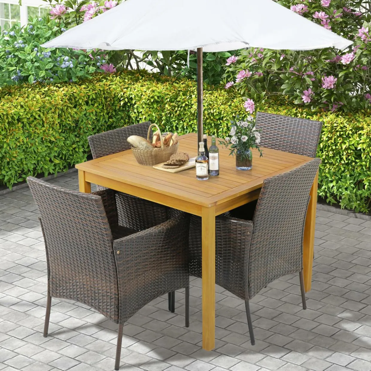 Tangkula 5 Pieces Patio Dining Set, 4 Cushioned Wicker Armchairs and Square Acacia Wood Dining Table