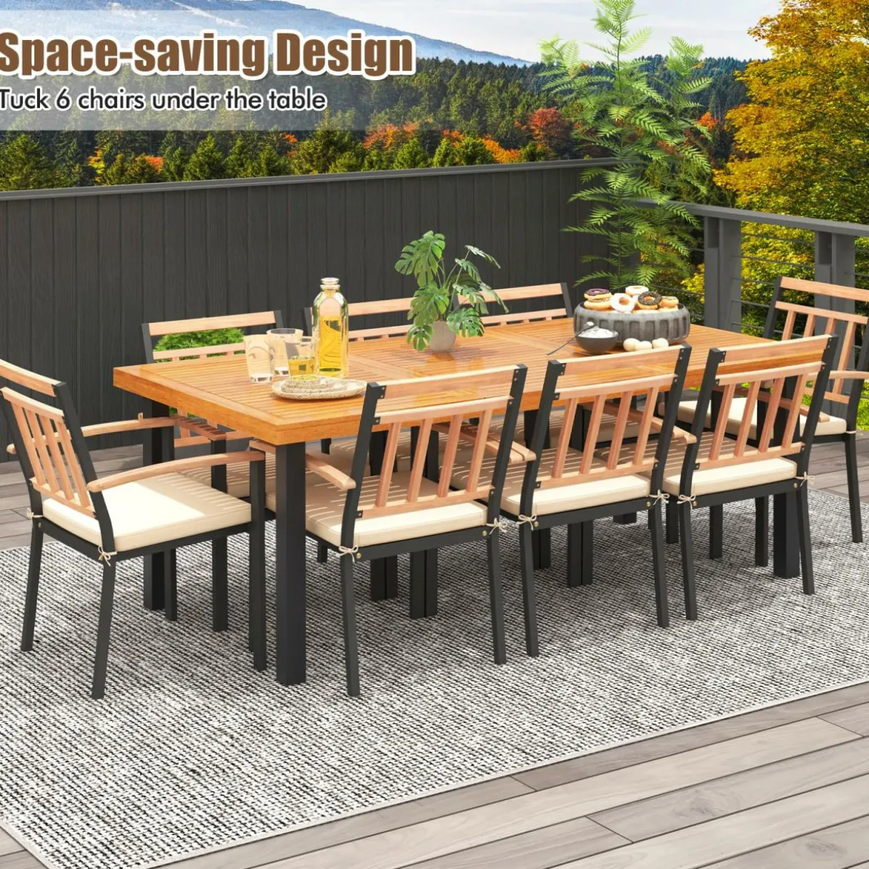 Tangkula 9 Pieces Patio Dining Set, Outdoor Acacia Wood Table and Chairs with Soft Cushions and 1.9” Umbrella Hole