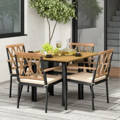 Tangkula 5 Pieces Patio Dining Set, 42.5” Square Acacia Wood Dining Table with 1.9” Umbrella Hole