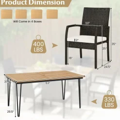 Tangkula 7 Pieces Patio Dining Set with Acacia Wood Dining Table, Rattan Armchairs, Soft Cushions