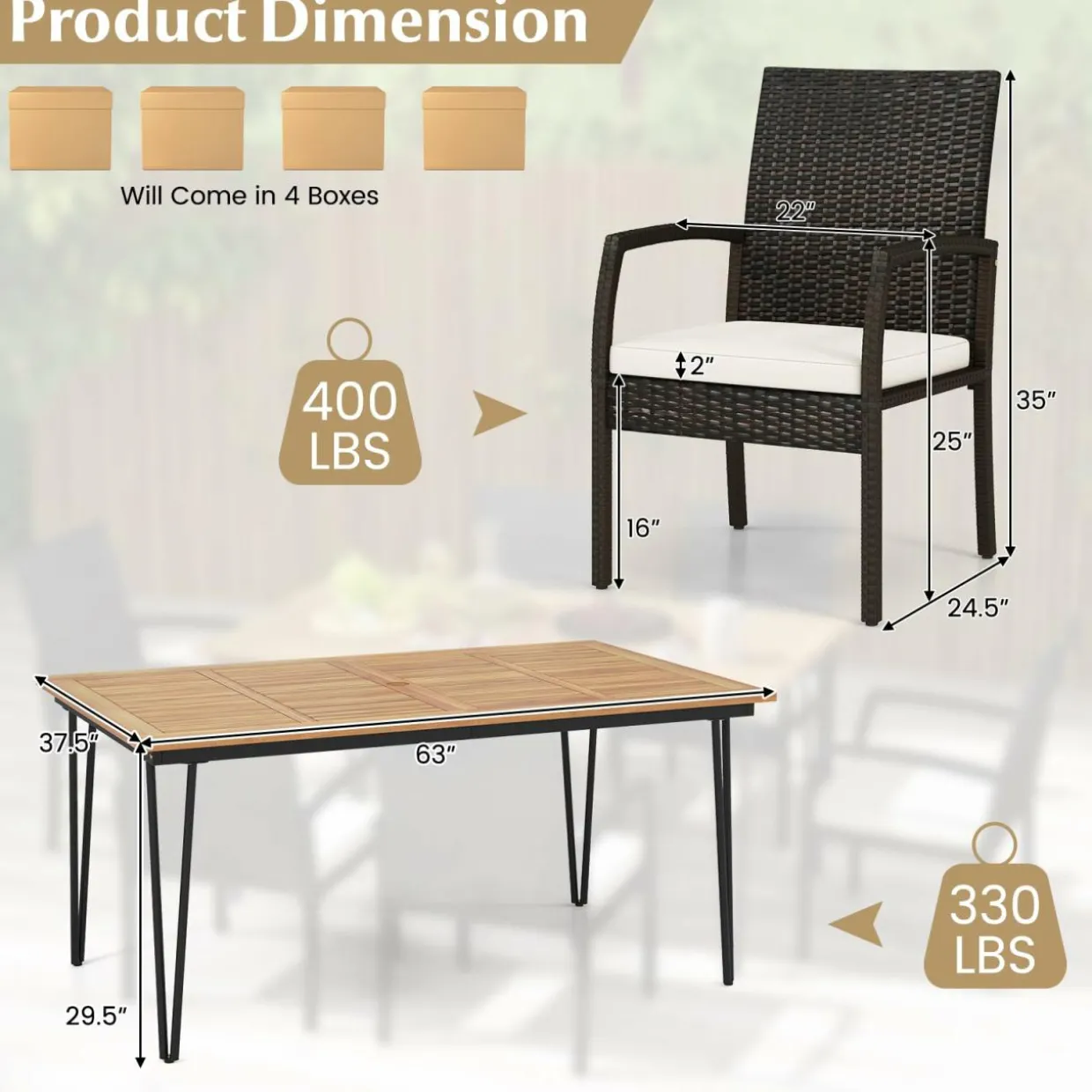 Tangkula 7 Pieces Patio Dining Set with Acacia Wood Dining Table, Rattan Armchairs, Soft Cushions