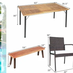 Tangkula 6 Pieces Patio Dining Set, Outdoor Acacia Wood and Wicker Furniture Set w/2.16