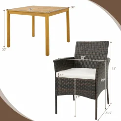 Tangkula 5 Pieces Patio Dining Set, 4 Cushioned Wicker Armchairs and Square Acacia Wood Dining Table