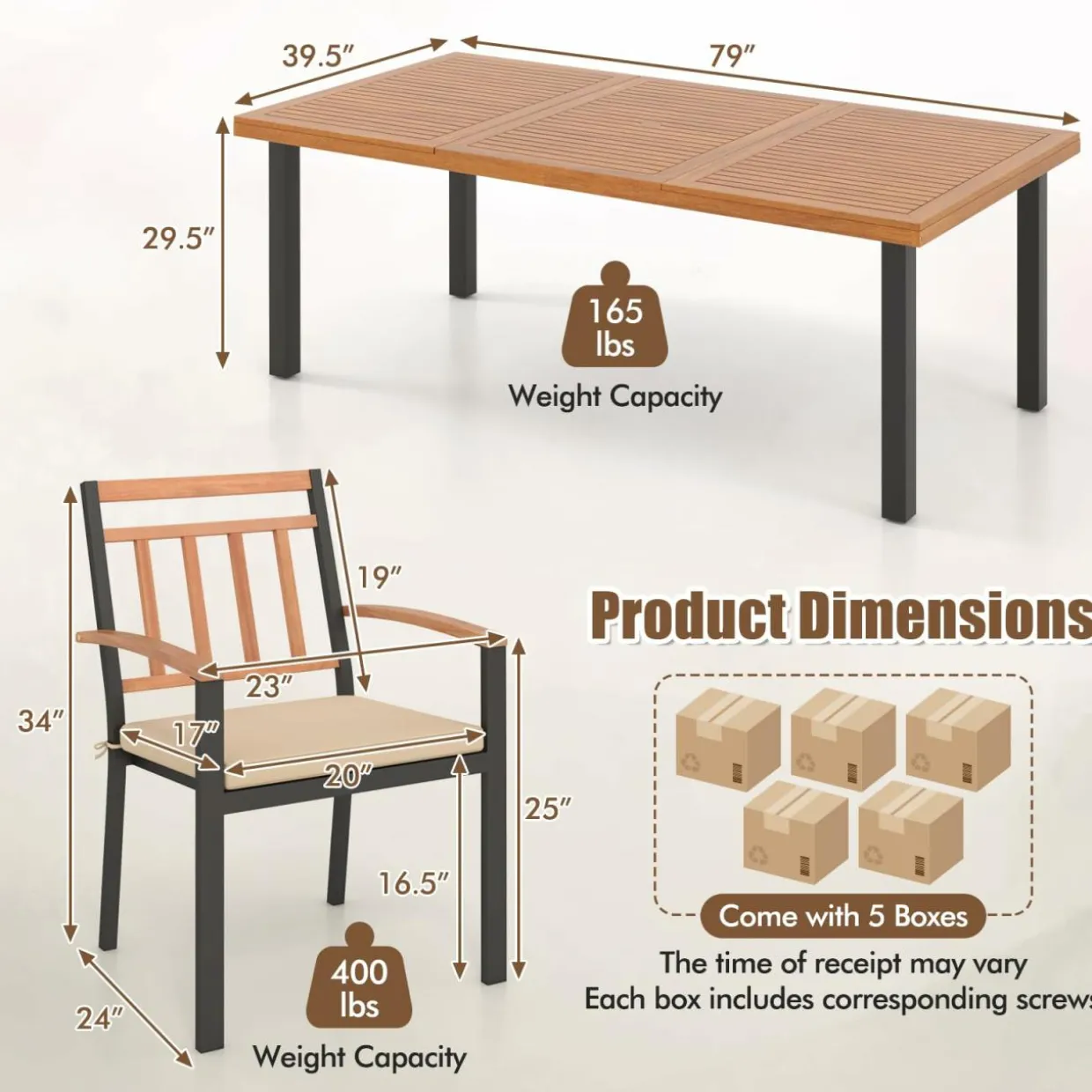 Tangkula 9 Pieces Patio Dining Set, Outdoor Acacia Wood Table and Chairs with Soft Cushions and 1.9” Umbrella Hole