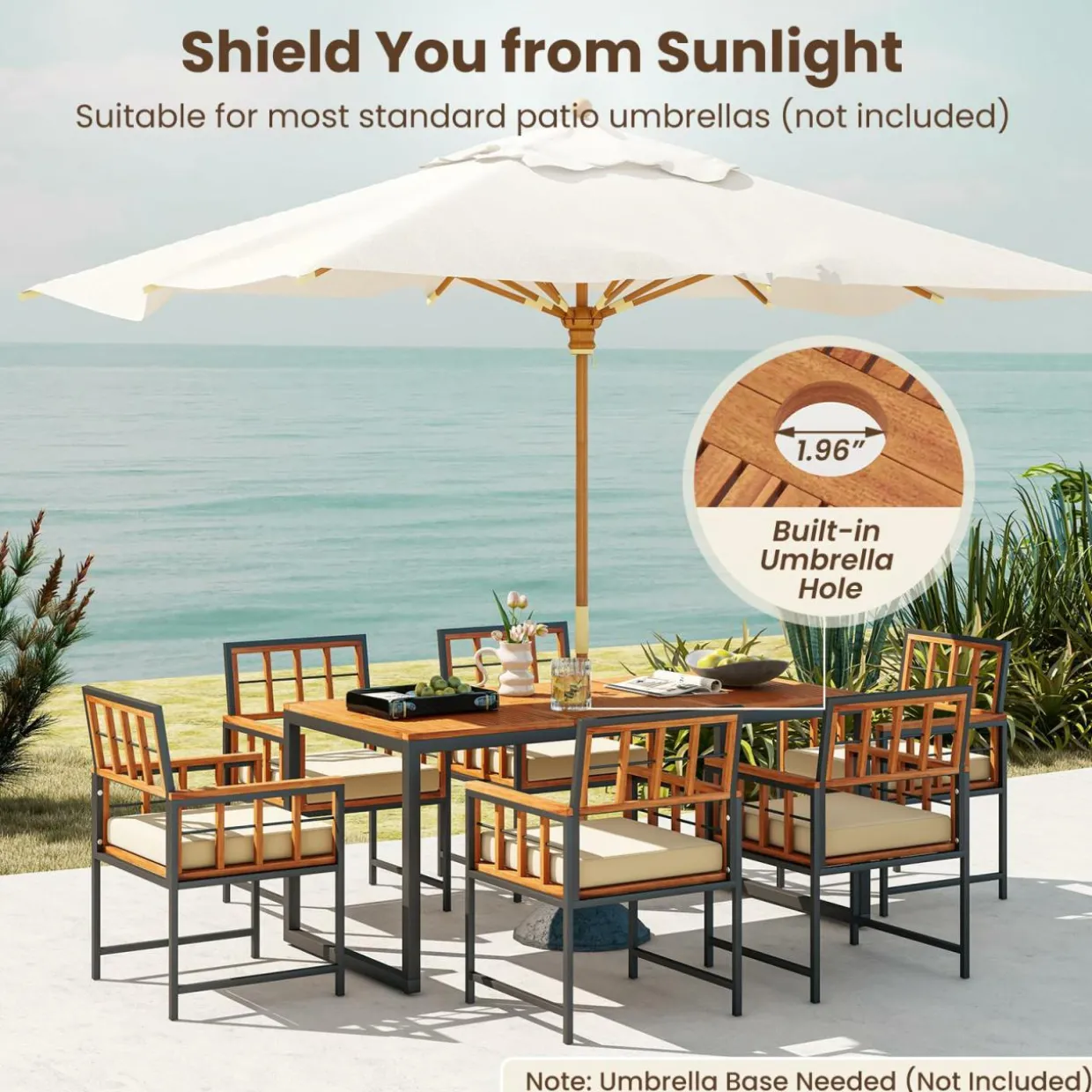 Tangkula 7 Pieces Patio Dining Set, Outdoor Acacia Wood Table and Chairs with Soft Cushions and Umbrella Hole