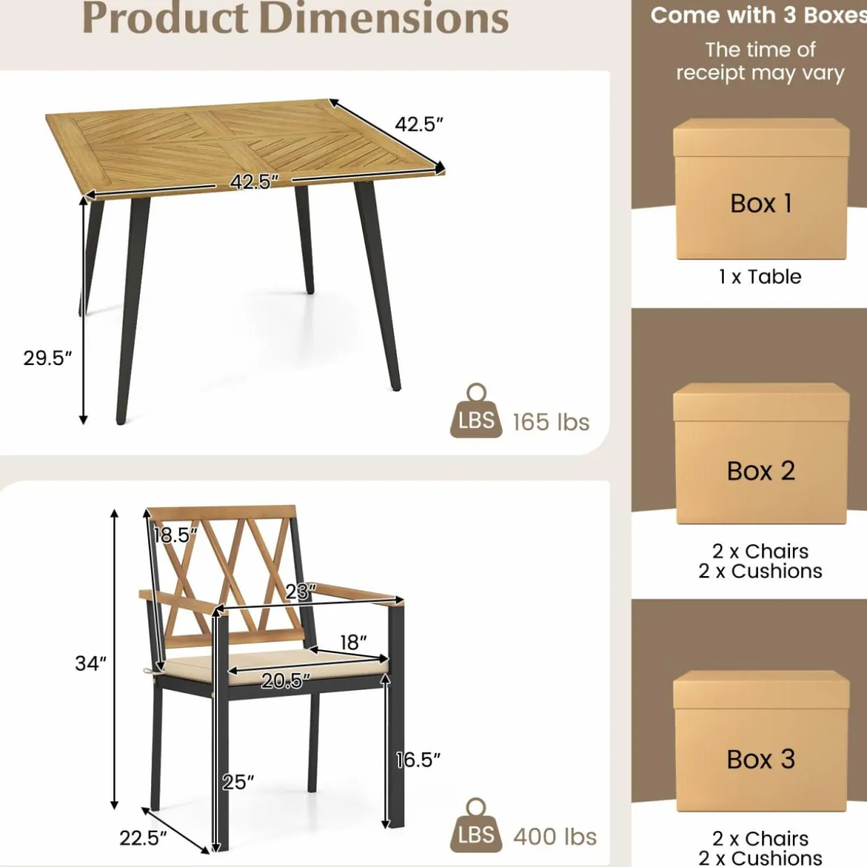 Tangkula 5 Pieces Patio Dining Set, 42.5” Square Acacia Wood Dining Table with 1.9” Umbrella Hole