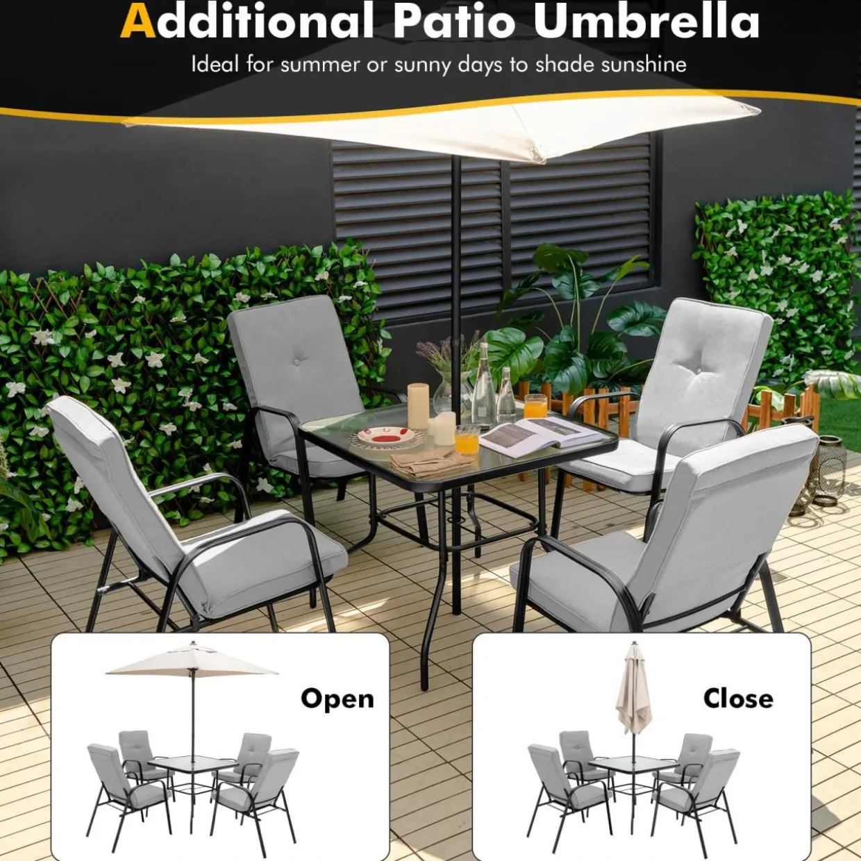 Tangkula 6 Pieces Patio Dining Set w/Umbrella, 35 Inches Square Steel Tempered Glass Table (Grey)