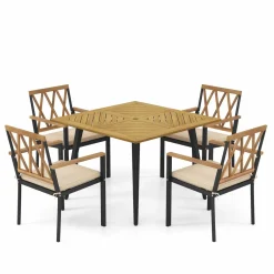 Tangkula 5 Pieces Patio Dining Set, 42.5” Square Acacia Wood Dining Table with 1.9” Umbrella Hole