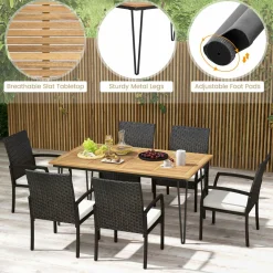 Tangkula 7 Pieces Patio Dining Set with Acacia Wood Dining Table, Rattan Armchairs, Soft Cushions