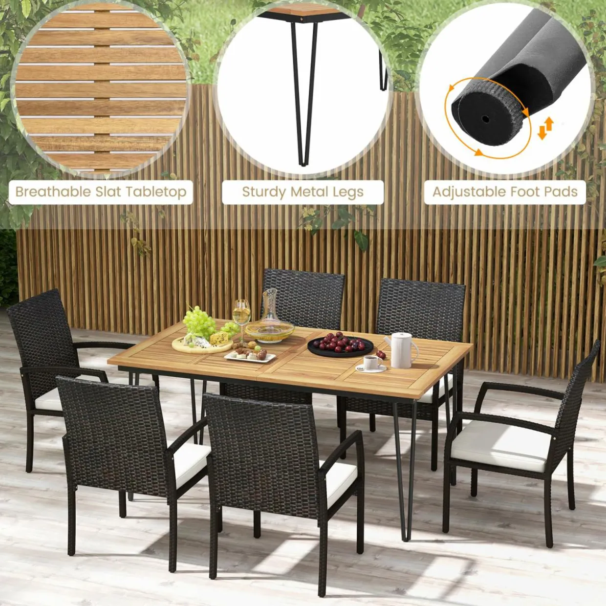 Tangkula 7 Pieces Patio Dining Set with Acacia Wood Dining Table, Rattan Armchairs, Soft Cushions