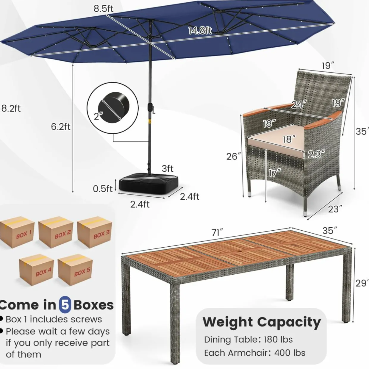 Tangkula 11 Pieces Patio Dining Set with 15 ft Double-Sided Patio LED Umbrella (Base Included)