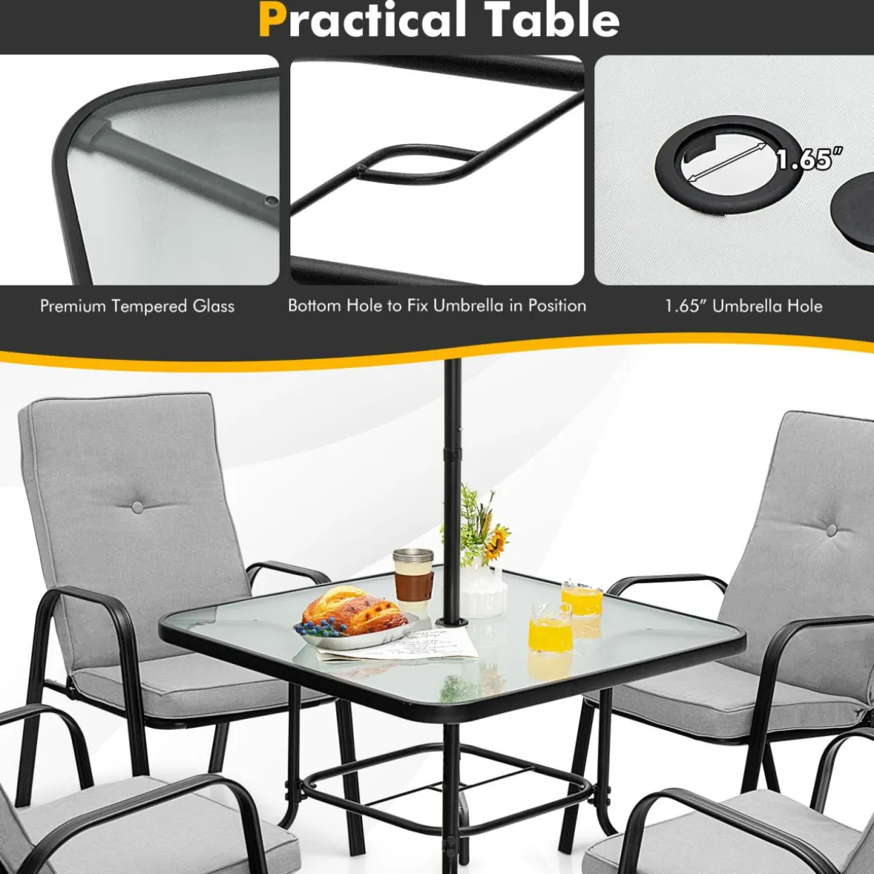 Tangkula 6 Pieces Patio Dining Set w/Umbrella, 35 Inches Square Steel Tempered Glass Table (Grey)