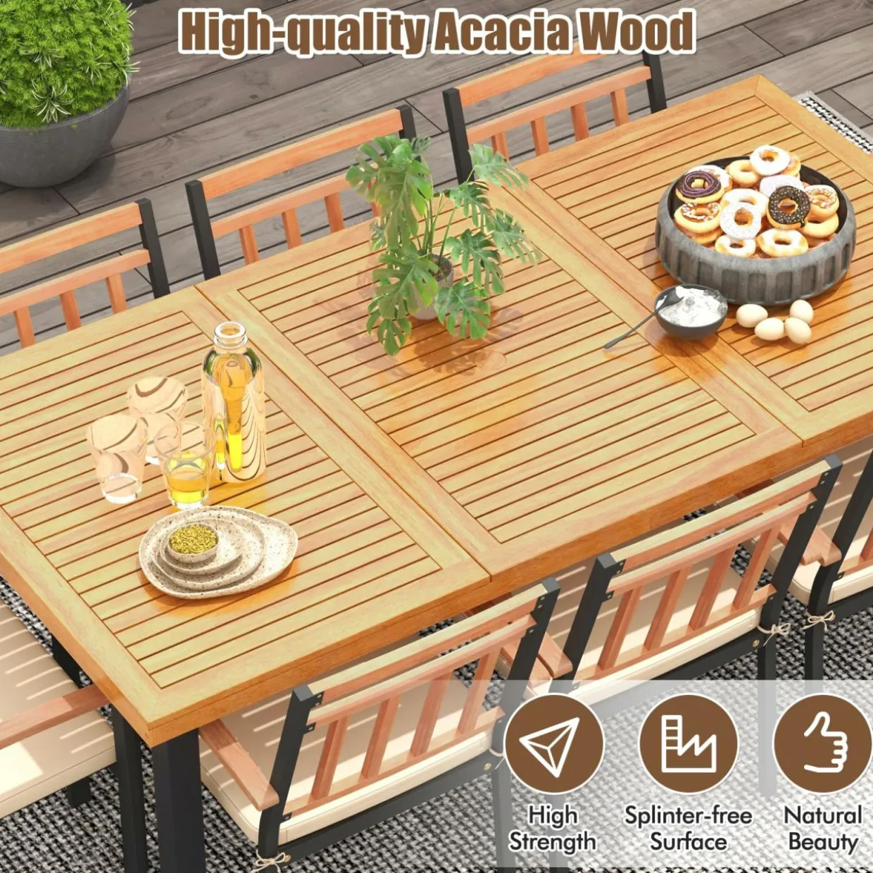 Tangkula 9 Pieces Patio Dining Set, Outdoor Acacia Wood Table and Chairs with Soft Cushions and 1.9” Umbrella Hole