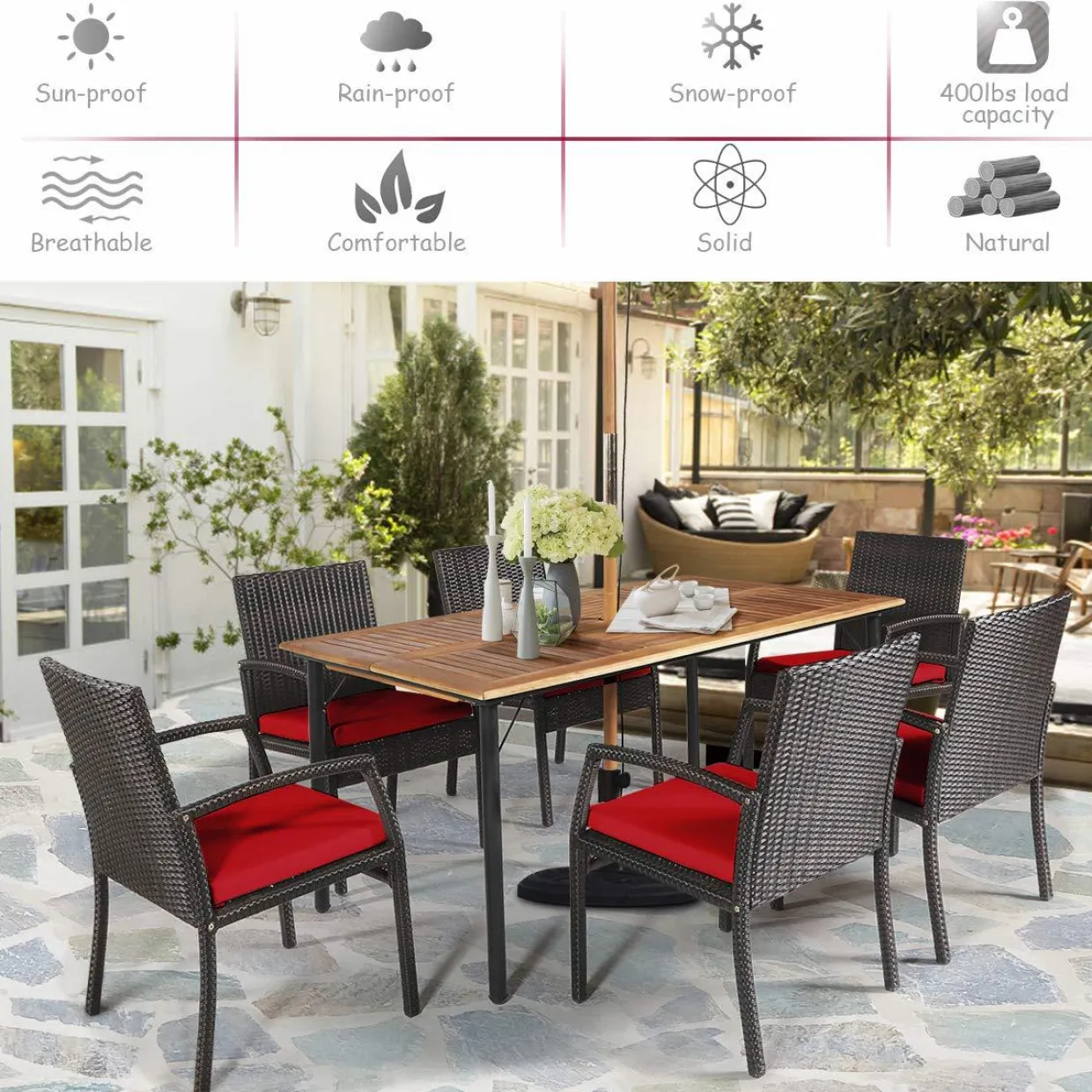 Tangkula 7 Pieces Patio Dining Set, Acacia Wood Wicker Dining Furniture Set with Sturdy Steel Frame & Umbrella Hole