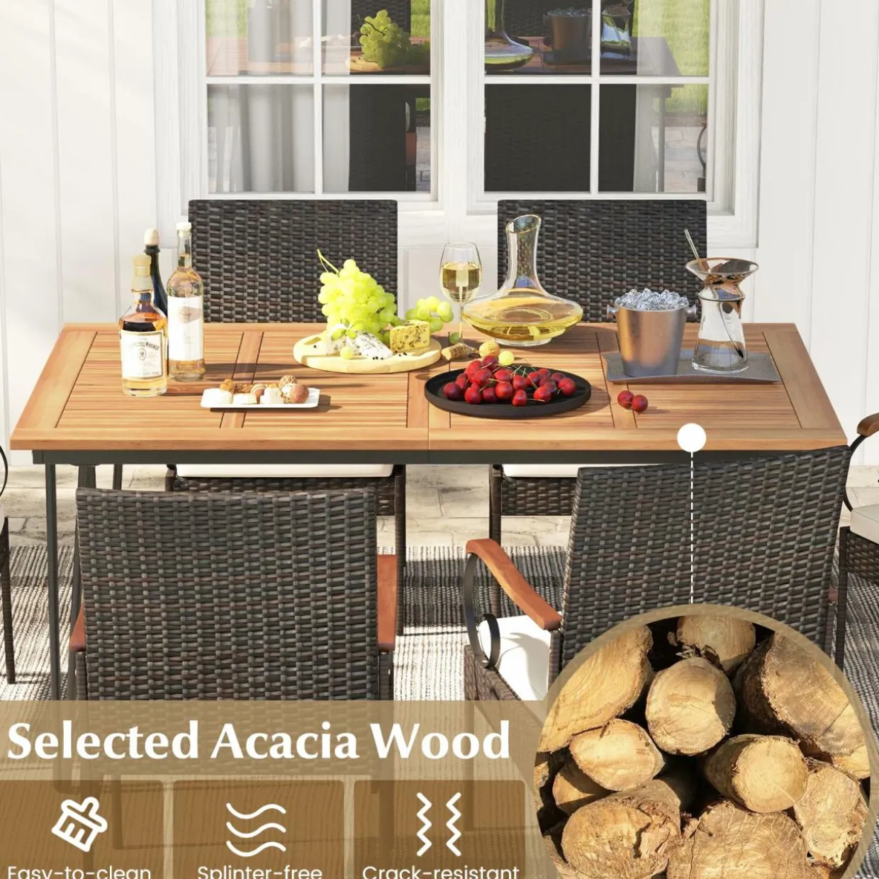 Tangkula 7 Pieces Patio Dining Set with Acacia Wood Dining Table, Rattan Armchairs, Soft Cushions
