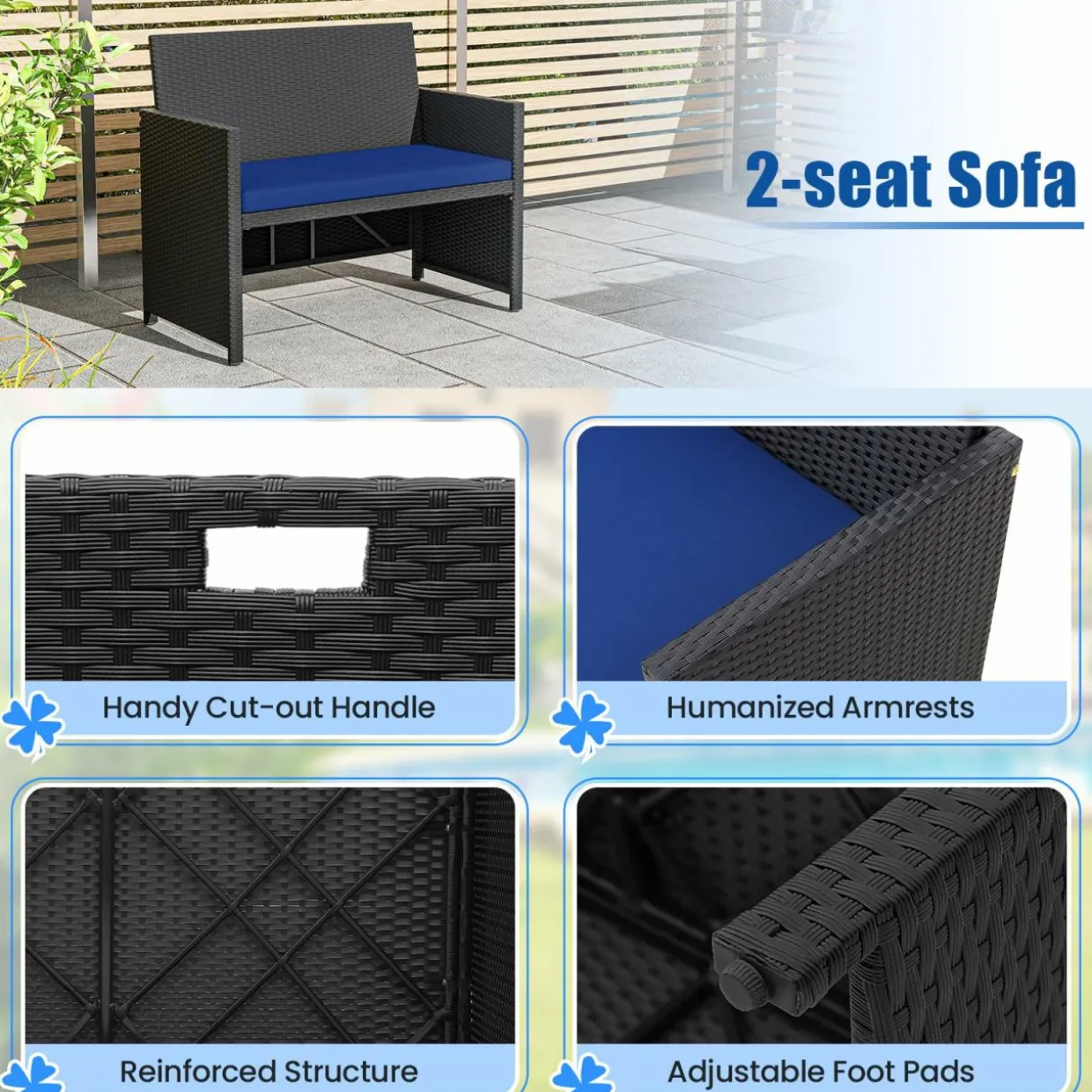 Tangkula 4 Pieces Patio Dining Set, Space Saving PE Rattan Loveseat with Acacia Wood Top Dining Table