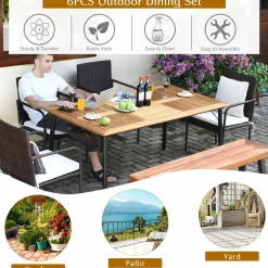Tangkula 6 Pieces Patio Dining Set, Outdoor Acacia Wood and Wicker Furniture Set w/2.16