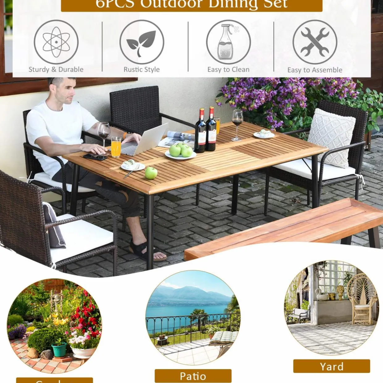 Tangkula 6 Pieces Patio Dining Set, Outdoor Acacia Wood and Wicker Furniture Set w/2.16" Hole