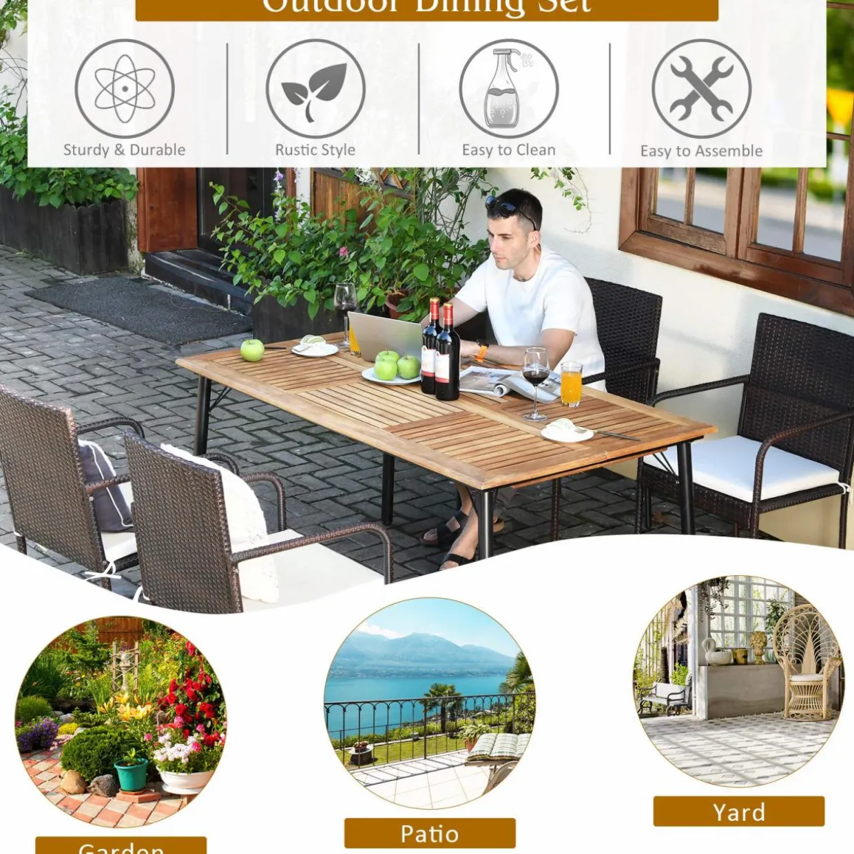 Tangkula 5 Pieces Patio Dining Set, Acacia Wood and Wicker Furniture Set w/2.16"Umbrella Hole for Backyard